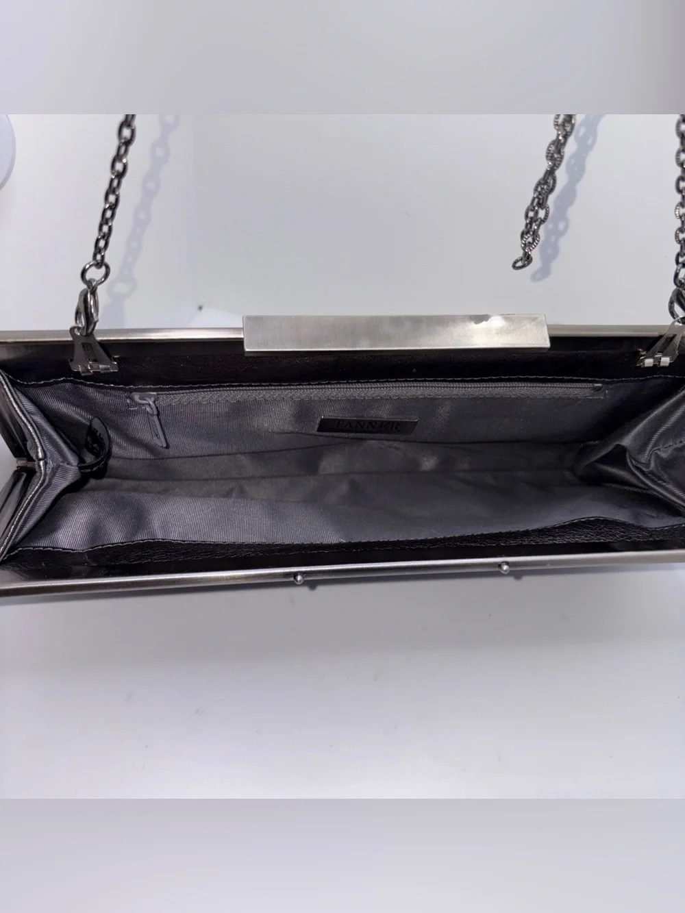 Tanner Italy Metallic Gunmetal Silver Leather Convertible Shoulder Clutch Bag